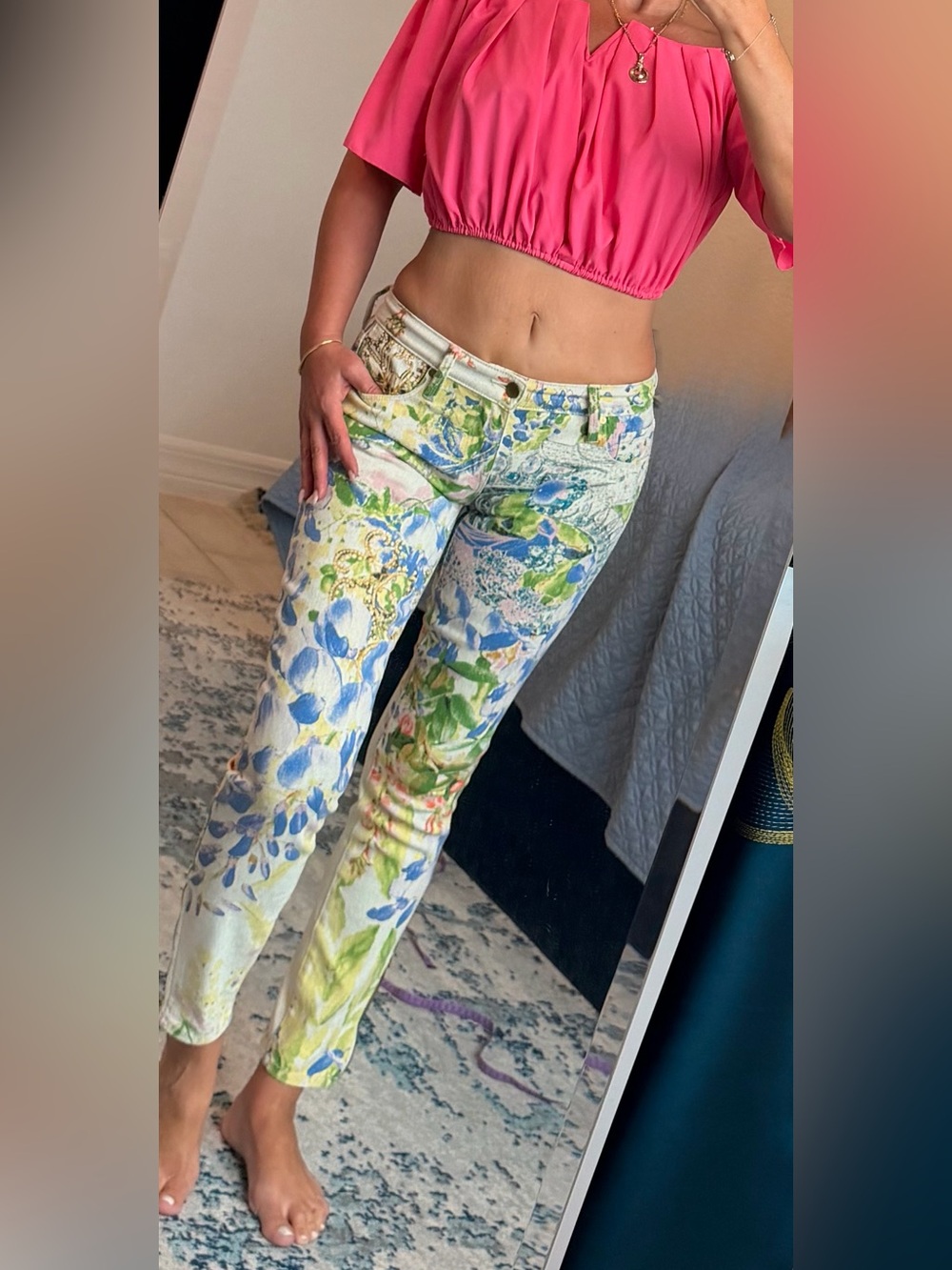 Genetic Denim High-Rise Floral Jeans - Cream with Blue, Green & Yellow Print 26